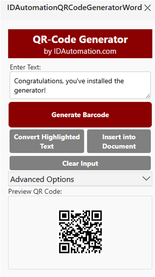 Click Show Task Pane to open the QR Code Generator.